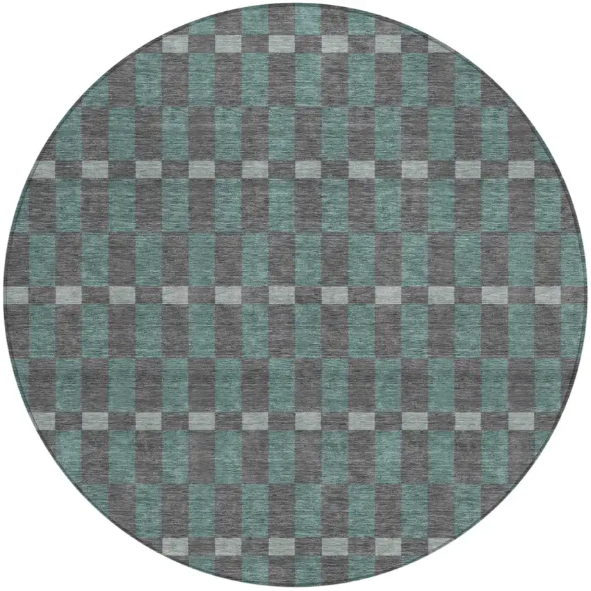 8' Charcoal And Teal Blue Round Geometric Washable Indoor Outdoor Area Rug Photo 2