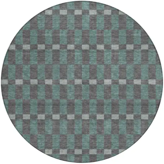 8' Charcoal And Teal Blue Round Geometric Washable Indoor Outdoor Area Rug Photo 2