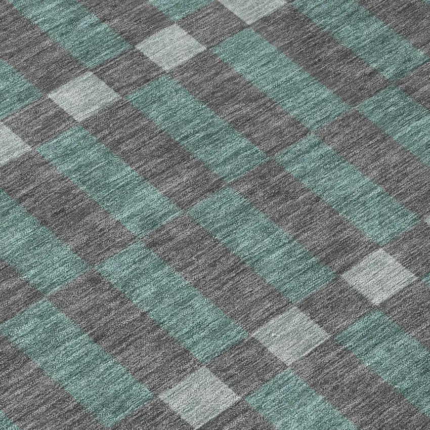 8' Charcoal And Teal Blue Round Geometric Washable Indoor Outdoor Area Rug Photo 6
