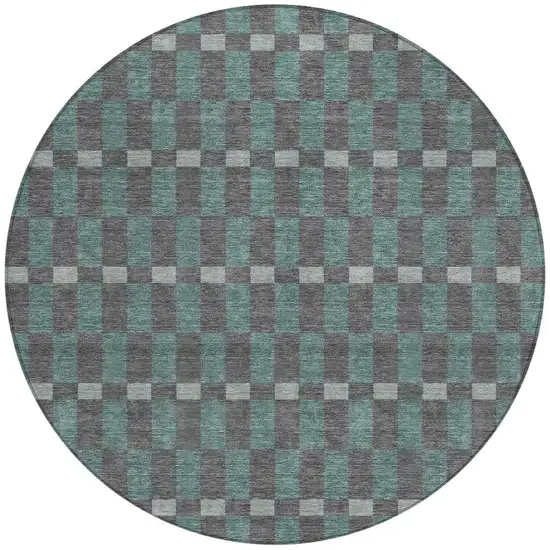 8' Charcoal And Teal Blue Round Geometric Washable Indoor Outdoor Area Rug Photo 4