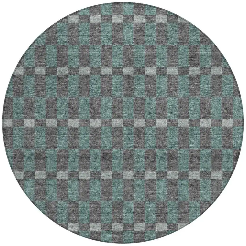 8' Charcoal And Teal Blue Round Geometric Washable Indoor Outdoor Area Rug Photo 4