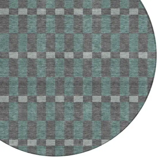 8' Charcoal And Teal Blue Round Geometric Washable Indoor Outdoor Area Rug Photo 3