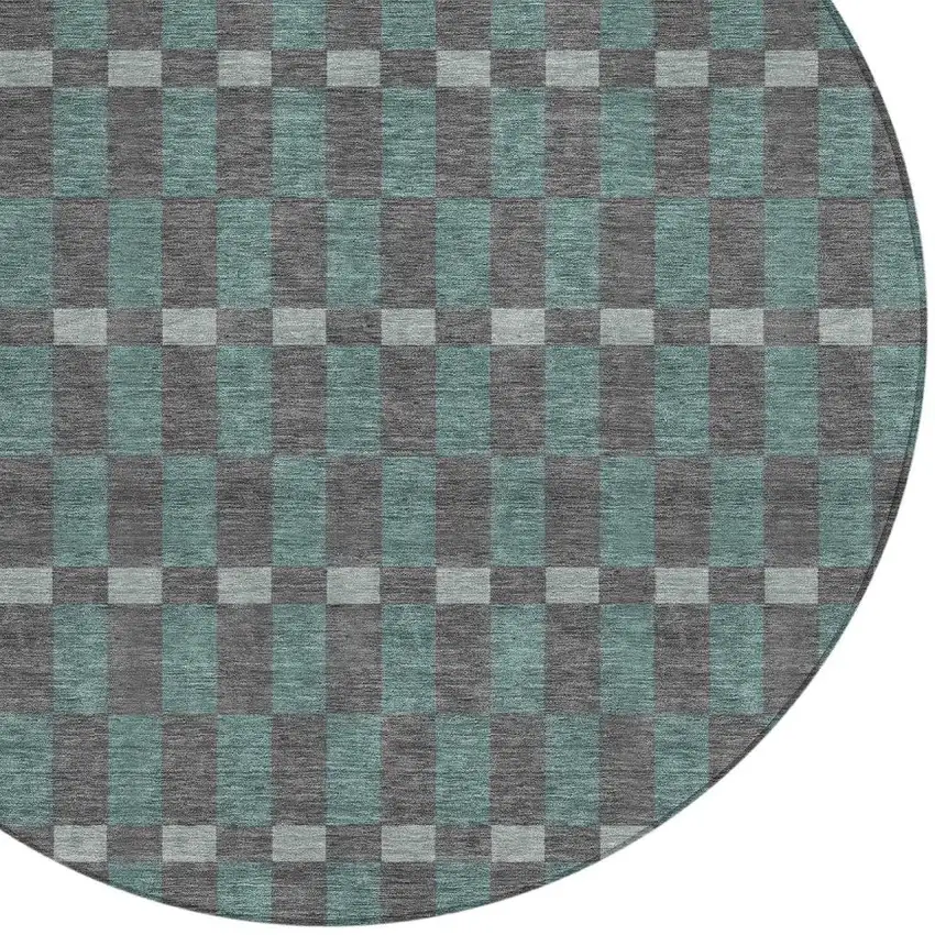 8' Charcoal And Teal Blue Round Geometric Washable Indoor Outdoor Area Rug Photo 3