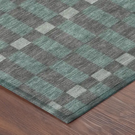 8' Charcoal And Teal Blue Round Geometric Washable Indoor Outdoor Area Rug Photo 5