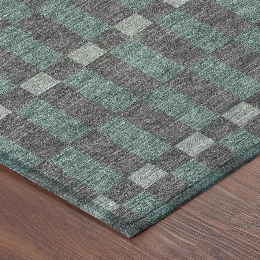 8' Charcoal And Teal Blue Round Geometric Washable Indoor Outdoor Area Rug Photo 5