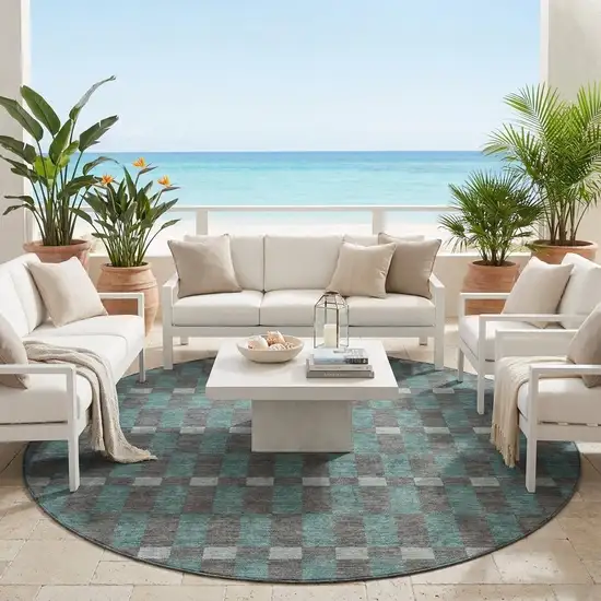 8' Charcoal And Teal Blue Round Geometric Washable Indoor Outdoor Area Rug Photo 1