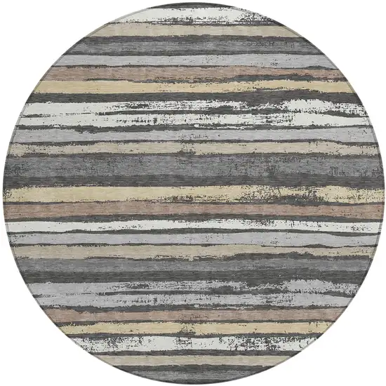 8' Charcoal Beige And Brown Round Striped Washable Indoor Outdoor Area Rug Photo 2