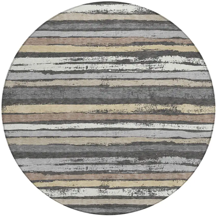 8' Charcoal Beige And Brown Round Striped Washable Indoor Outdoor Area Rug Photo 2