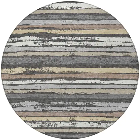 8' Charcoal Beige And Brown Round Striped Washable Indoor Outdoor Area Rug Photo 5
