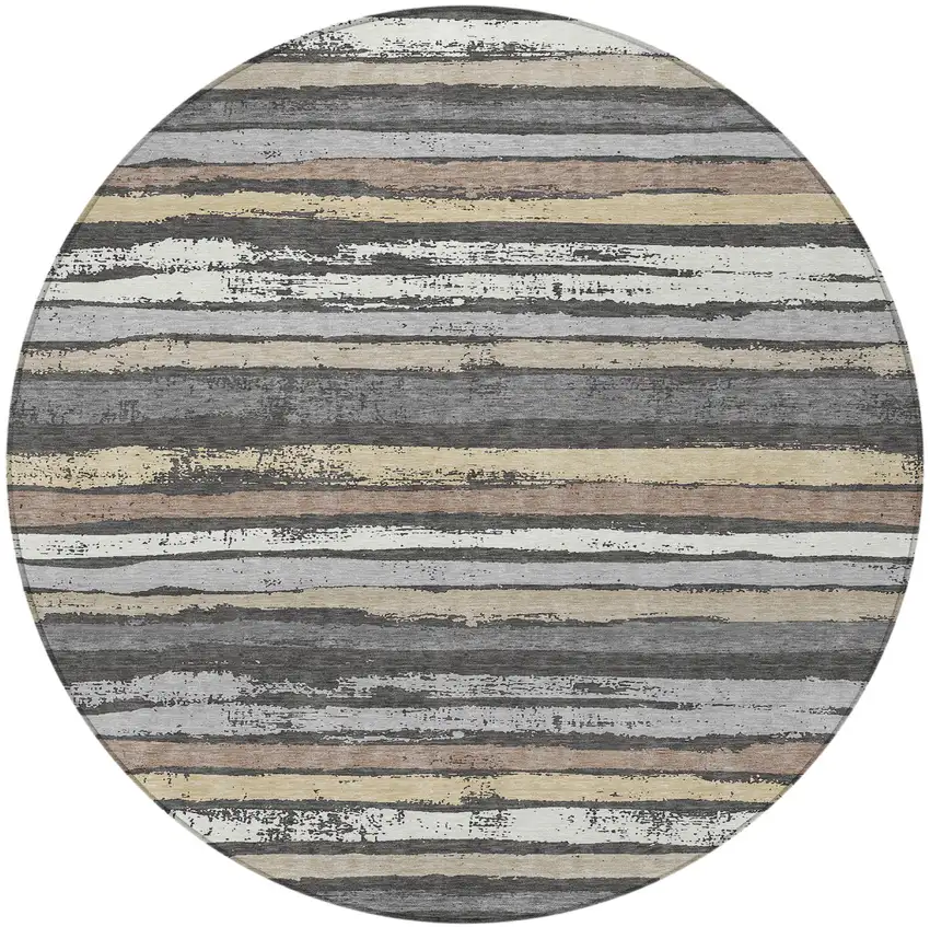 8' Charcoal Beige And Brown Round Striped Washable Indoor Outdoor Area Rug Photo 5