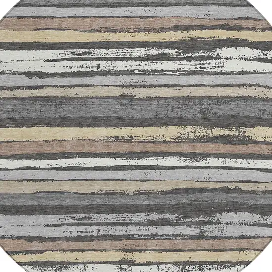 8' Charcoal Beige And Brown Round Striped Washable Indoor Outdoor Area Rug Photo 4