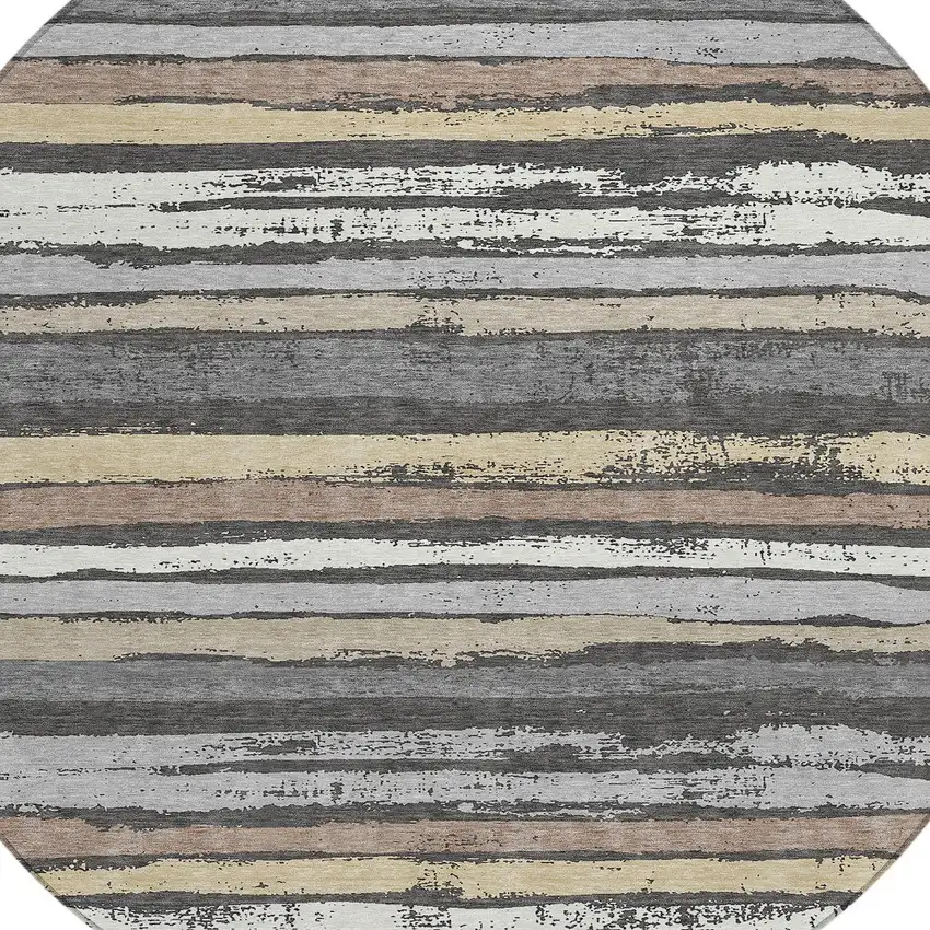 8' Charcoal Beige And Brown Round Striped Washable Indoor Outdoor Area Rug Photo 4