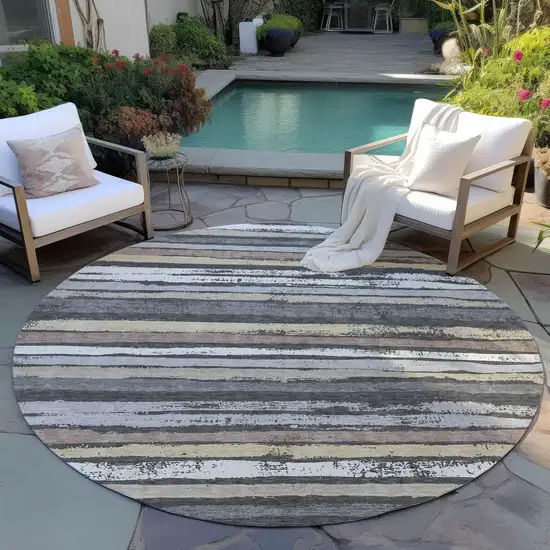 8' Charcoal Beige And Brown Round Striped Washable Indoor Outdoor Area Rug Photo 6