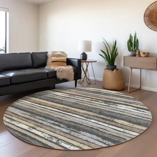 8' Charcoal Beige And Brown Round Striped Washable Indoor Outdoor Area Rug Photo 7