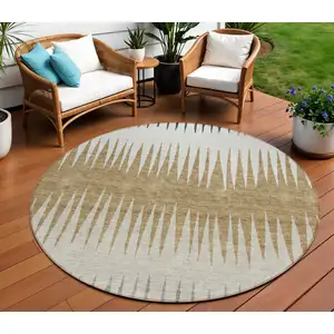 Photo of 8' Charcoal Beige And Brown Round Striped Washable Indoor Outdoor Area Rug