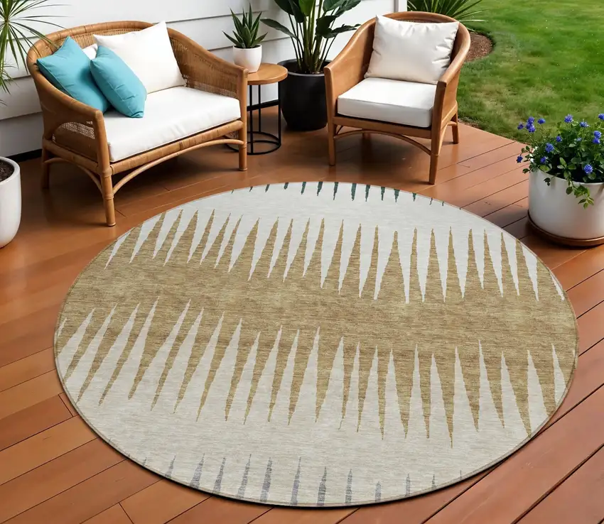 8' Charcoal Beige And Brown Round Striped Washable Indoor Outdoor Area Rug Photo 1