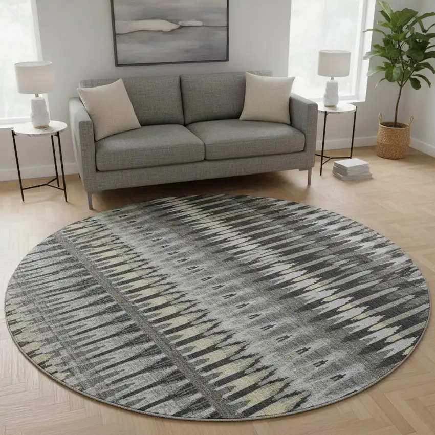 8' Charcoal Beige And Gray Southwestern Washable Round Rug With UV Protection Photo 2