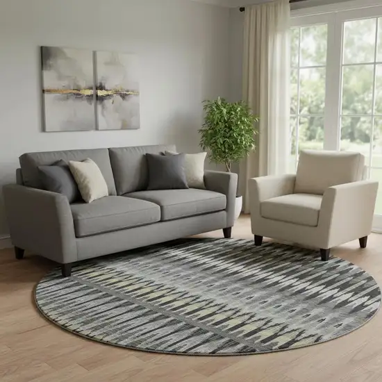 8' Charcoal Beige And Gray Southwestern Washable Round Rug With UV Protection Photo 1