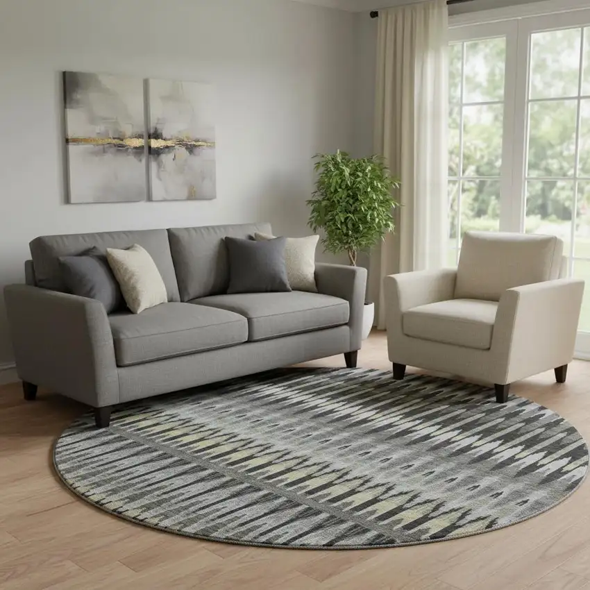 8' Charcoal Beige And Gray Southwestern Washable Round Rug With UV Protection Photo 1