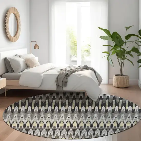 8' Charcoal Beige And Gray Southwestern Washable Round Rug With UV Protection Photo 5