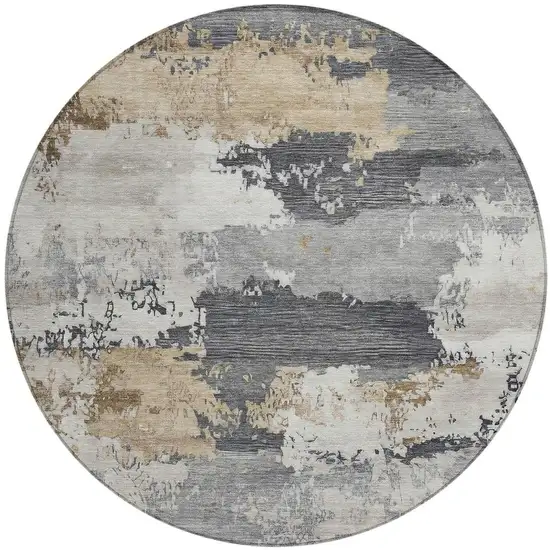 8' Charcoal Beige And Ivory Round Abstract Washable Indoor Outdoor Area Rug Photo 3