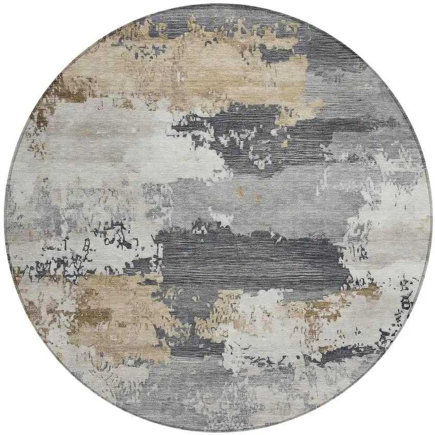 8' Charcoal Beige And Ivory Round Abstract Washable Indoor Outdoor Area Rug Photo 3