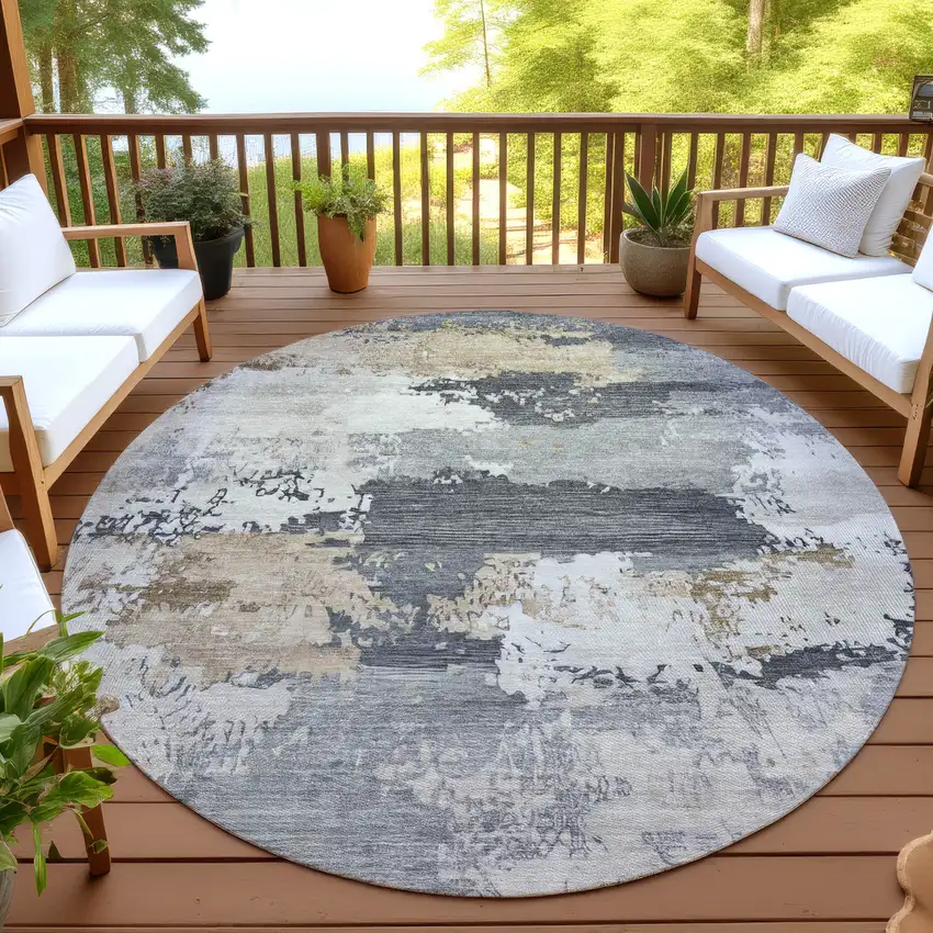 8' Charcoal Beige And Ivory Round Abstract Washable Indoor Outdoor Area Rug Photo 4
