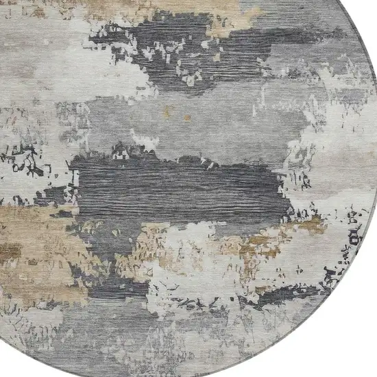 8' Charcoal Beige And Ivory Round Abstract Washable Indoor Outdoor Area Rug Photo 2