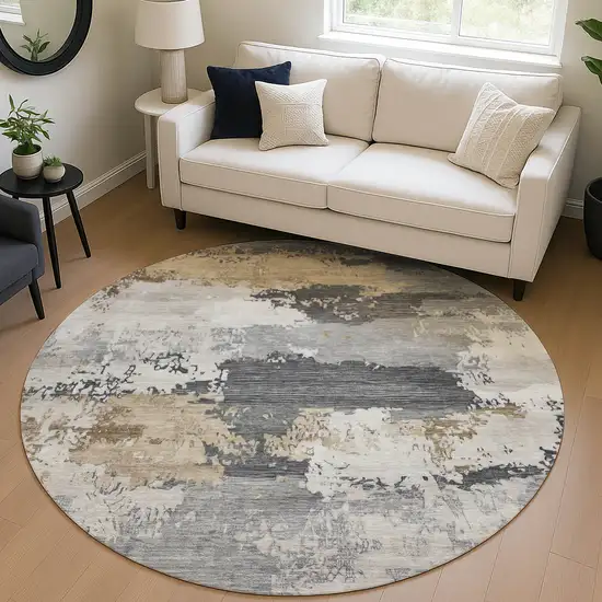 8' Charcoal Beige And Ivory Round Abstract Washable Indoor Outdoor Area Rug Photo 5