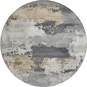 Photo of 8' Charcoal Beige And Ivory Round Abstract Washable Indoor Outdoor Area Rug