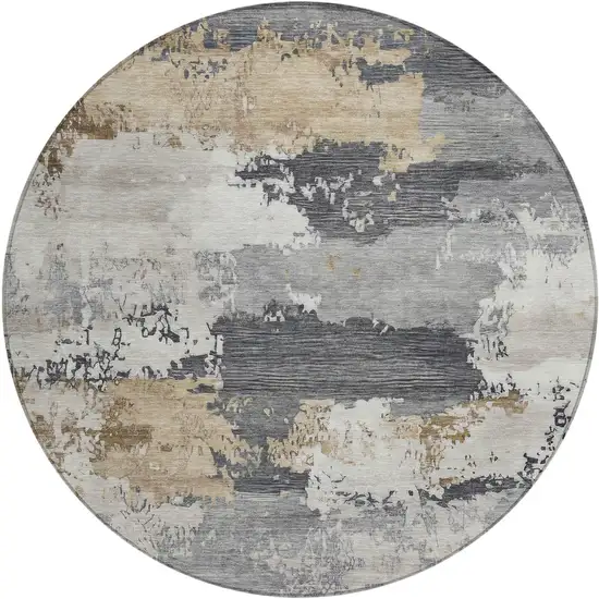 8' Charcoal Beige And Ivory Round Abstract Washable Indoor Outdoor Area Rug Photo 1