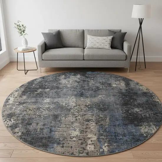 8' Charcoal Blue And Beige Abstract Washable Round Rug With UV Protection Photo 2