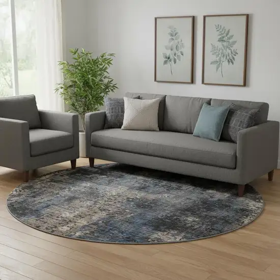 8' Charcoal Blue And Beige Abstract Washable Round Rug With UV Protection Photo 1