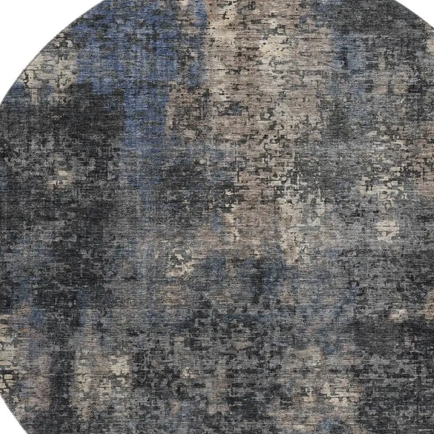 8' Charcoal Blue And Beige Abstract Washable Round Rug With UV Protection Photo 3