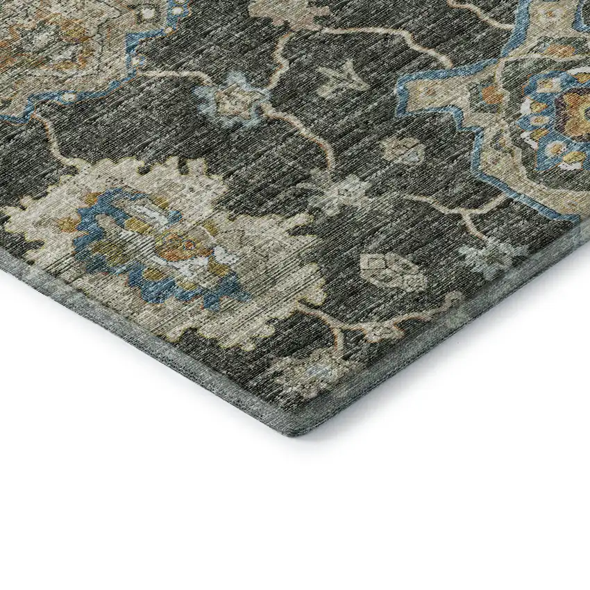 8' Charcoal Blue And Gold Floral Medallion Washable Round Rug With UV Protection Photo 6