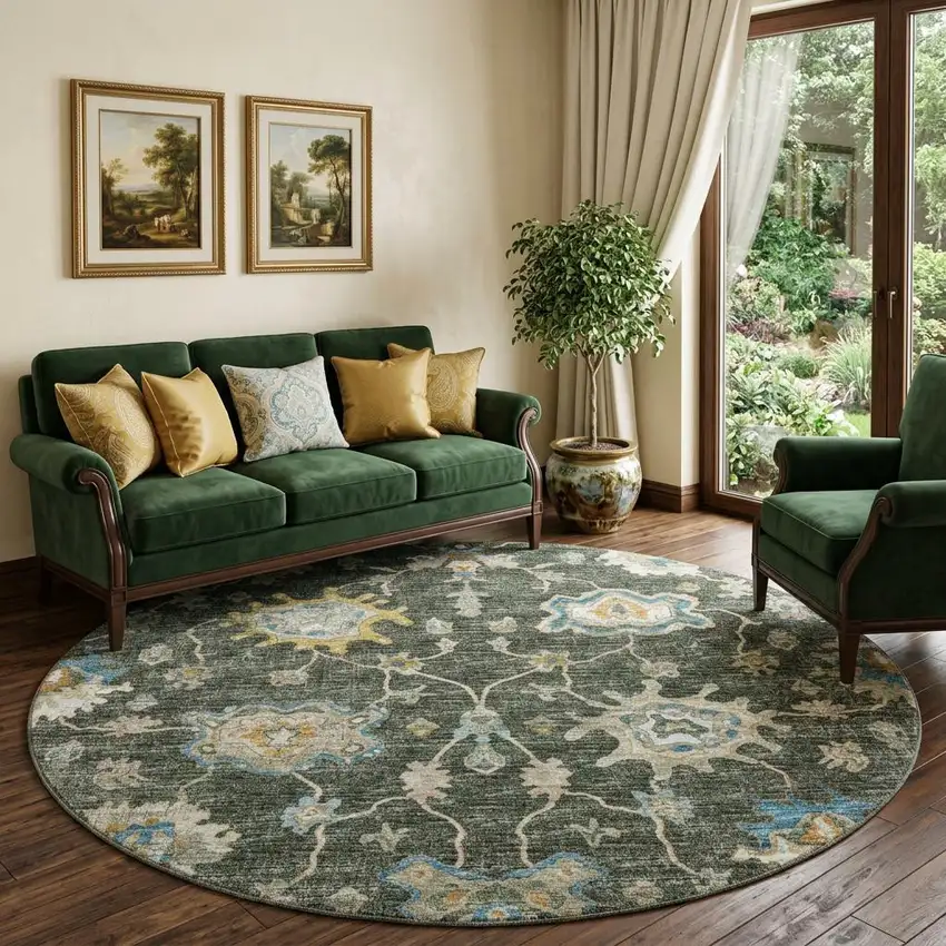 8' Charcoal Blue And Gold Floral Medallion Distressed Washable Round Rug With UV Protection Photo 1