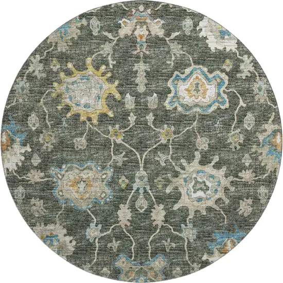 8' Charcoal Blue And Gold Floral Medallion Washable Round Rug With UV Protection Photo 2
