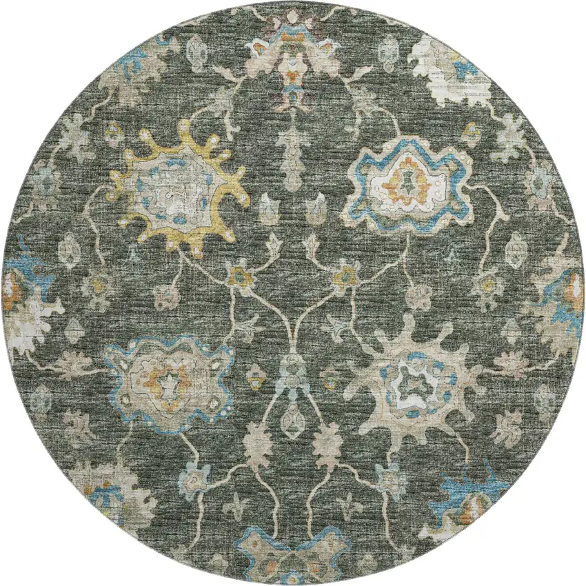 8' Charcoal Blue And Gold Floral Medallion Washable Round Rug With UV Protection Photo 2