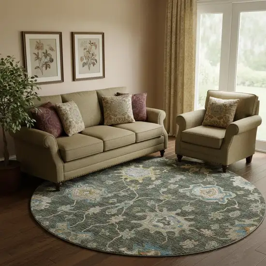 8' Charcoal Blue And Gold Floral Medallion Washable Round Rug With UV Protection Photo 1