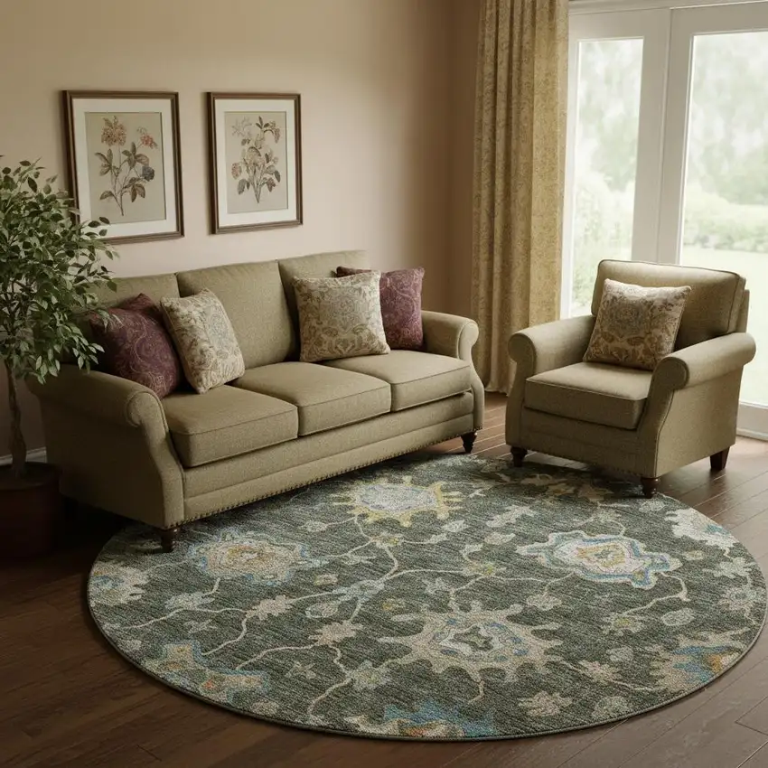 8' Charcoal Blue And Gold Floral Medallion Washable Round Rug With UV Protection Photo 1