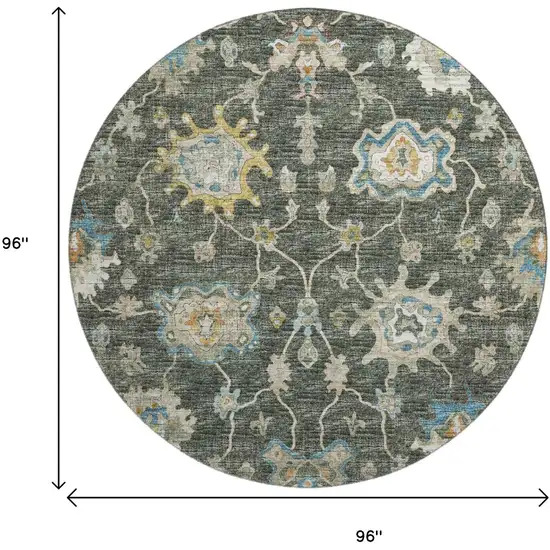 8' Charcoal Blue And Gold Floral Medallion Washable Round Rug With UV Protection Photo 3