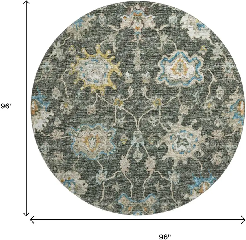 8' Charcoal Blue And Gold Floral Medallion Washable Round Rug With UV Protection Photo 3