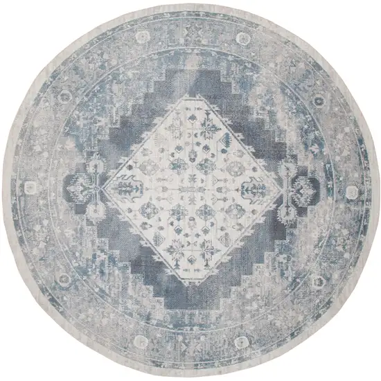 4' Charcoal Blue And Ivory Oriental Distressed Round Rug Photo 3