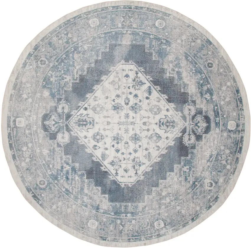 4' Charcoal Blue And Ivory Oriental Distressed Round Rug Photo 3