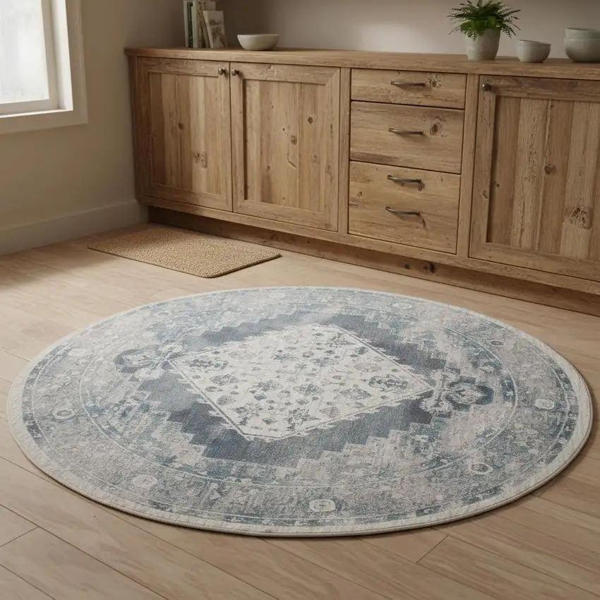 4' Charcoal Blue And Ivory Oriental Distressed Round Rug Photo 1