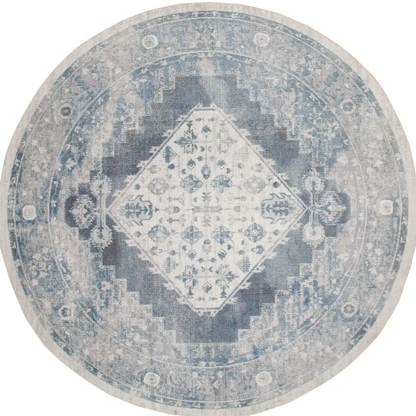 5' Charcoal Blue And Ivory Oriental Distressed Round Rug Photo 2