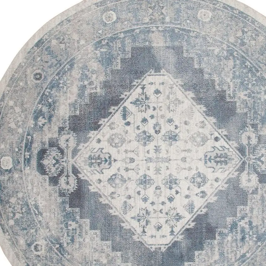 5' Charcoal Blue And Ivory Oriental Distressed Round Rug Photo 3
