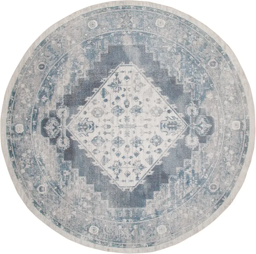 5' Charcoal Blue And Ivory Oriental Distressed Round Rug Photo 4