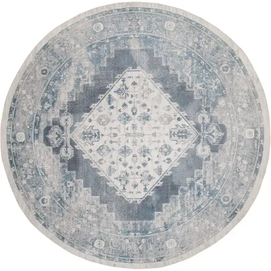 5' Charcoal Blue And Ivory Oriental Distressed Round Rug Photo 4