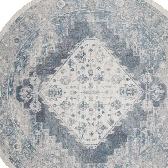 5' Charcoal Blue And Ivory Oriental Distressed Round Rug Photo 7
